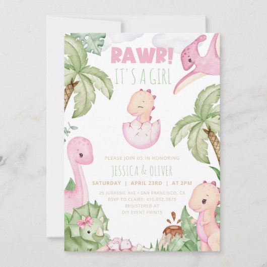 Meisje DINOSAUR Baby shower Invitation, Roze Dino Kaart (Voorkant)