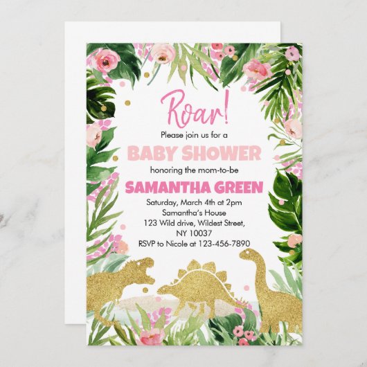 Meisje Dinosaur Baby Shower Uitnodiging (Voorkant / Achterkant)