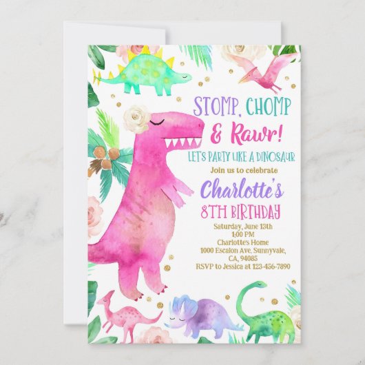 Meisje Dinosaur Uitnodiging Dino Verjaardagsfeest  (Voorkant)