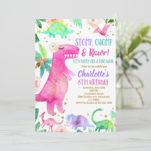 Meisje Dinosaur Uitnodiging Dino Verjaardagsfeest  (Staand voorkant)