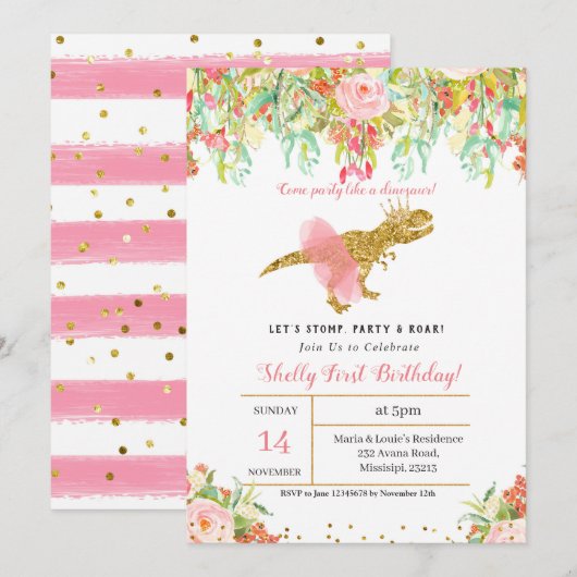 MEISJE DINOSAURUS 1e VERJAARDAG uitnodiging (Voorkant / Achterkant)