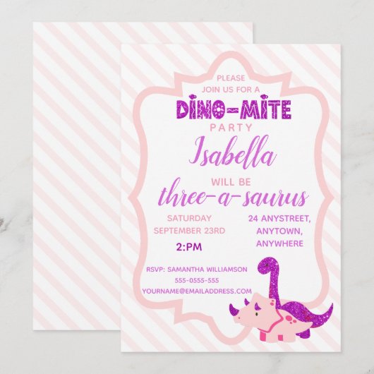 Meisje Dinosaurus Roze Verjaardagsfeestuitnodiging Kaart (Voorkant / Achterkant)