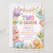 Meisje Dinosaurus Two-A-Saurus 2e Verjaardagsfeest Kaart (Voorkant)