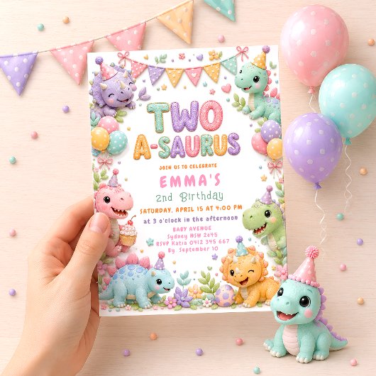 Meisje Dinosaurus Two-A-Saurus 2e Verjaardagsfeest Kaart