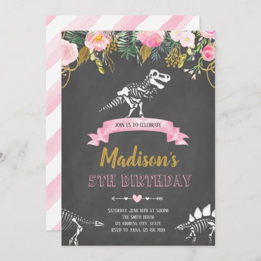 Meisje dinosaurus uitnodiging (Voorkant / Achterkant)