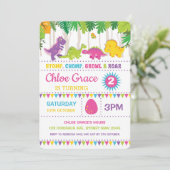 Meisje Dinosaurus Verjaardag Roze Roar Dino Party Kaart (Staand voorkant)