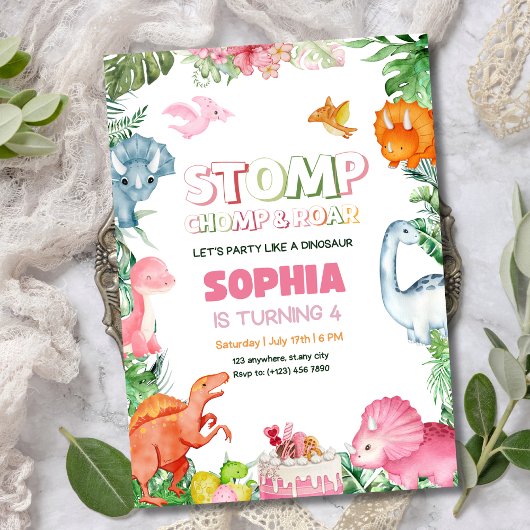 Meisje Dinosaurus Verjaardag Uitnodiging Roze Dino