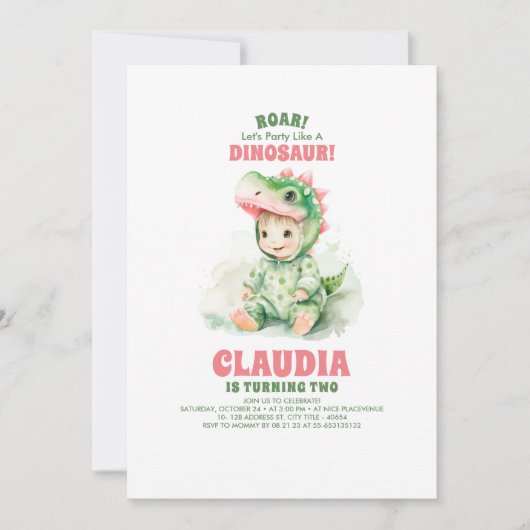 Meisje Dinosaurus Verjaardag Uitnodigingen (Voorkant)