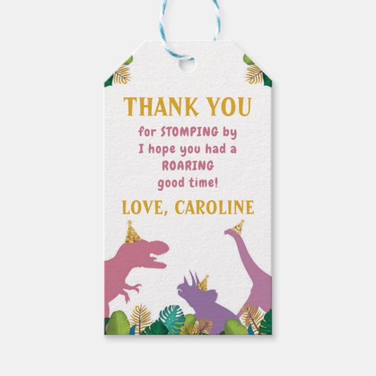 Meisje Dinosaurus Verjaardagsfeestje Dank u Label Cadeaulabel (Voorkant)