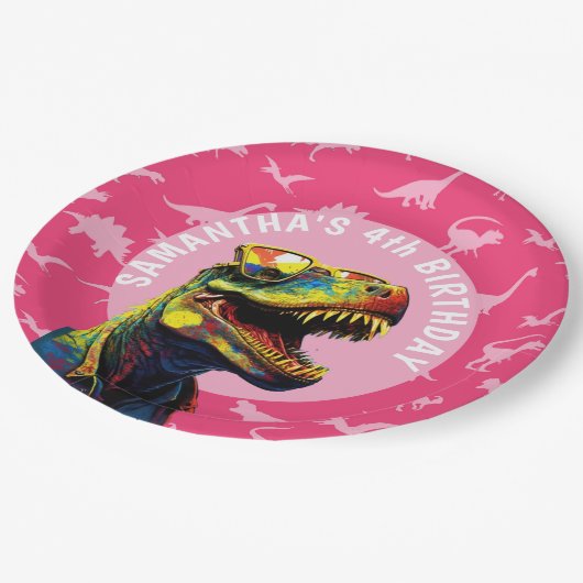 Meisje Dinosaurus Verjaardagsfeestje Papieren Bordje (Gekanteld)