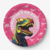 Meisje Dinosaurus Verjaardagsfeestje Papieren Bordje (Voorkant)