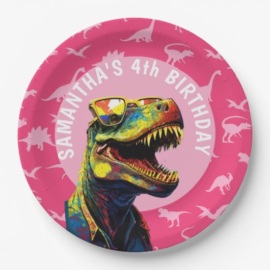 Meisje Dinosaurus Verjaardagsfeestje Papieren Bordje (Voorkant)