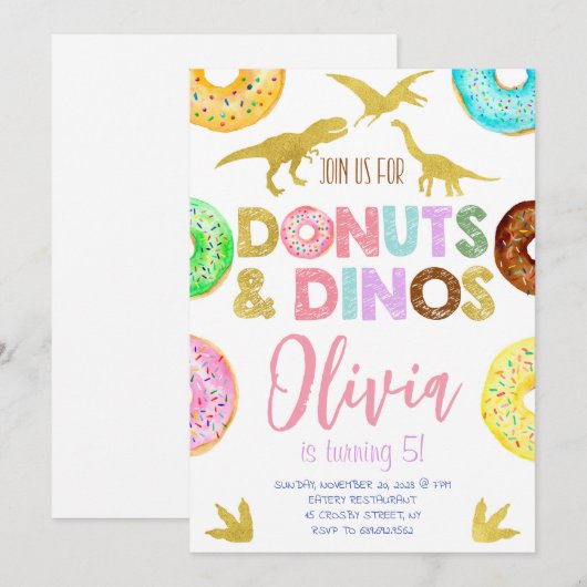 Meisje Dinosaurussen en Donuts Verjaardag Kaart (Voorkant / Achterkant)