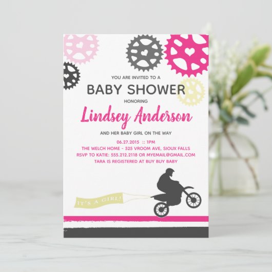 Meisje Dirt Bike Baby shower Uitnodiging (Staand voorkant)