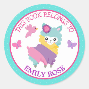 Meisje Dit Boek Hoort bij Lente Regenboog Lama Ronde Sticker