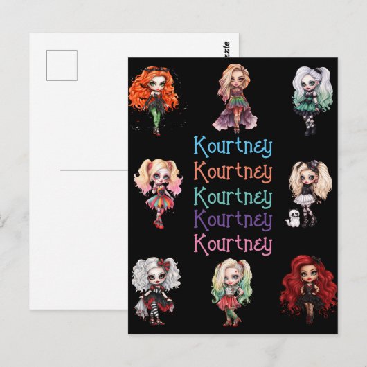 Meisje Doll Spooky Halloween Thema met Naam Briefkaart (Voorkant / Achterkant)