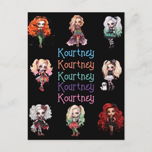 Meisje Doll Spooky Halloween Thema met Naam Briefkaart (Voorkant)