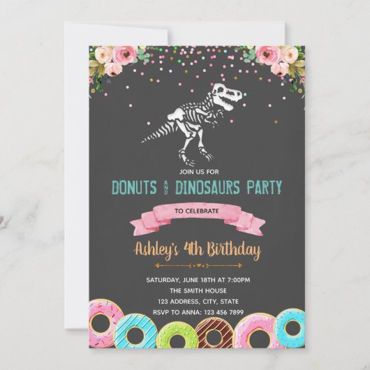 Meisje donuts dinosaurus uitnodiging voor verjaard (Voorkant)