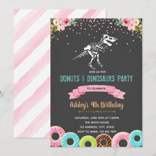 Meisje donuts dinosaurus uitnodiging voor verjaard (Voorkant / Achterkant)