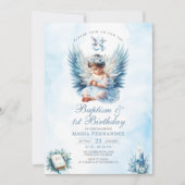 Meisje Doop & 1e Verjaardag Blauw Bloemen Kruis Kaart (Voorkant)