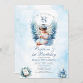 Meisje Doop & 1e Verjaardag Blauw Bloemen Kruis Kaart