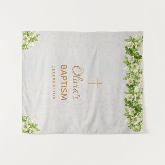 Meisje doop achtergrond | Marble Gold Cross Lelies Wandkleed (Voorkant (horizontaal))