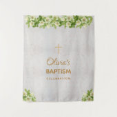 Meisje doop achtergrond | Marble Gold Cross Lelies Wandkleed (Voorkant)