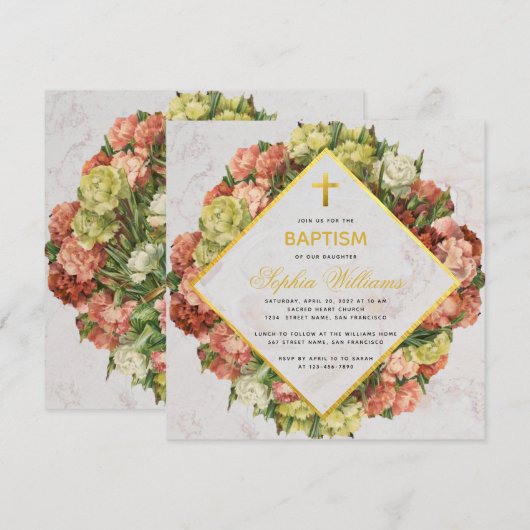 Meisje Doop Anjers Goud Marmer Kalligrafie Kaart (Voorkant / Achterkant)