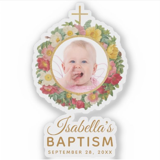 Meisje doop Baby Foto Roos krans Cross Script Sticker (Voorkant)