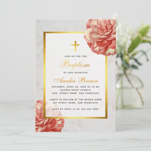 Meisje Doop Bloemen Roze Camellia Faux Goud Marmer Kaart (Staand voorkant)