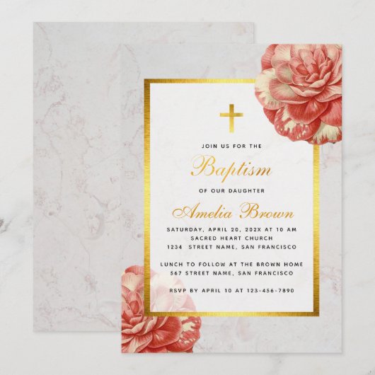 Meisje Doop Bloemen Roze Camellia Faux Goud Marmer Kaart (Voorkant / Achterkant)