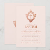 Meisje Doop Blush Roze Rose Goud Kruis in Crest Kaart (Voorkant / Achterkant)
