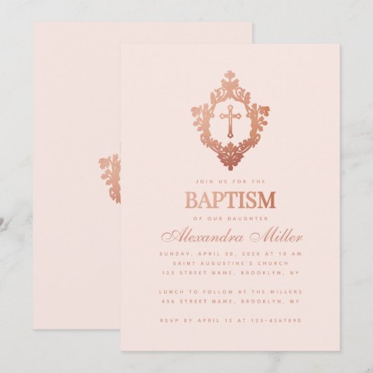 Meisje Doop Blush Roze Rose Goud Kruis in Crest Kaart (Voorkant / Achterkant)