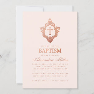 Meisje Doop Blush Roze Rose Goud Kruis in Crest Kaart
