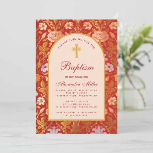 Meisje Doop Boog Bloemen Roos Lily Elegant Script Kaart (Staand voorkant)