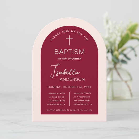 Meisje Doop Boog Bourgondië Roze Modern Script Kaart (Staand voorkant)