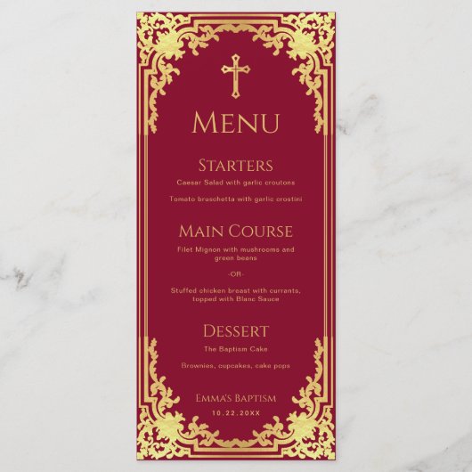 Meisje Doop Bourgondië Faux Gold  Elegant Menu (Voorkant)