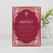Meisje Doop Diep Rood Roze Rose Gouden Kruis Vinta Kaart (Staand voorkant)