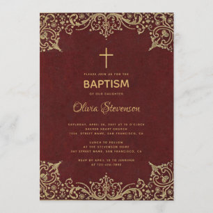 Meisje Doop Elegant Bourgondië Gouden Kruis Vintag Kaart