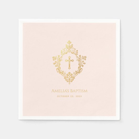 Meisje Doop Elegant Roze Gouden Kruis  Crest Servet (Voorkant)