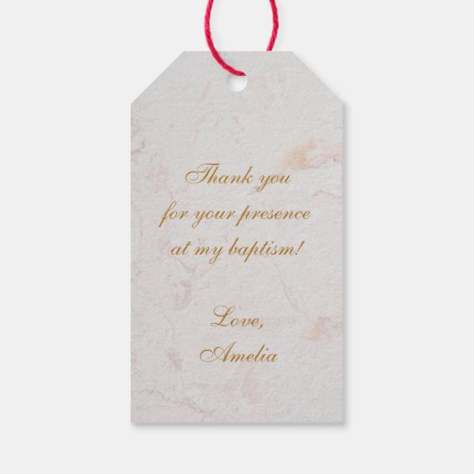 Meisje doop foto goud roze orchideeën bloemenmarme cadeaulabel (Achterkant)