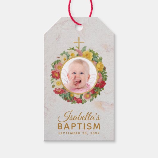 Meisje doop foto in Roos krans bloemenmarmer Cadeaulabel (Voorkant)