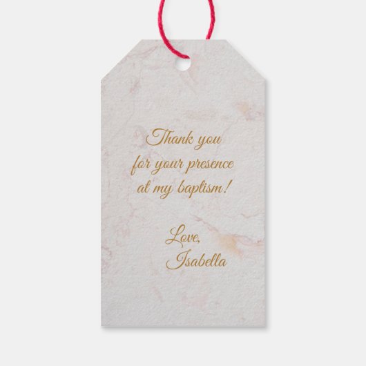 Meisje doop foto in Roos krans bloemenmarmer Cadeaulabel (Achterkant)