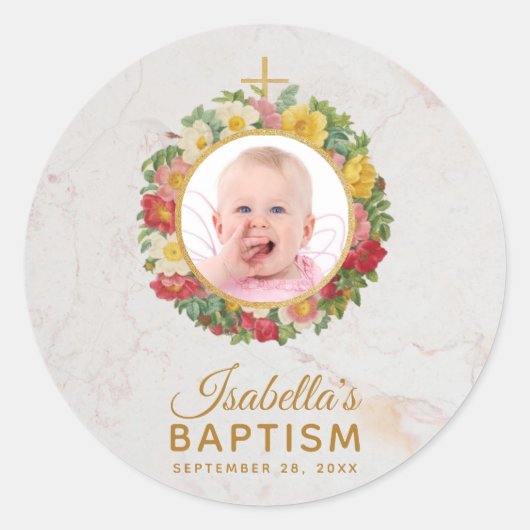 Meisje doop foto in Roos krans marmer script Ronde Sticker (Voorkant)