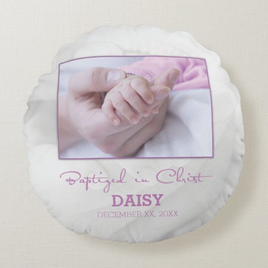 Meisje Doop Gefeliciteerd met Baby Gepersonaliseer Rond Kussen (Voorkant)