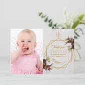 Meisje Doop Goud Kruis Marmeren pioenrozen Vlinder Bedankkaart (Staand voorkant)