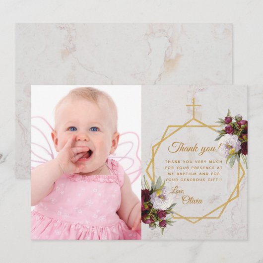 Meisje Doop Goud Kruis Marmeren pioenrozen Vlinder Bedankkaart (Voorkant / Achterkant)
