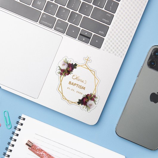 Meisje Doop Gouden Kruis Bourgondische Pioenen Blo Sticker (Laptop met iPhone)