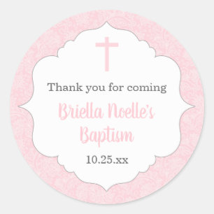 Meisje doop gunstiger idee Pink Damask Classic Ronde Sticker
