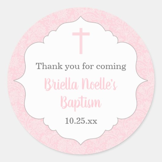 Meisje doop gunstiger idee | Pink Damask Classic Ronde Sticker (Voorkant)